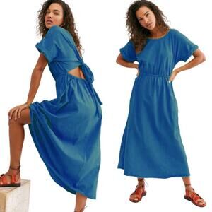 Free People Beach Sorrento Tie Back Midi Dress in Navy Blue, Size Small